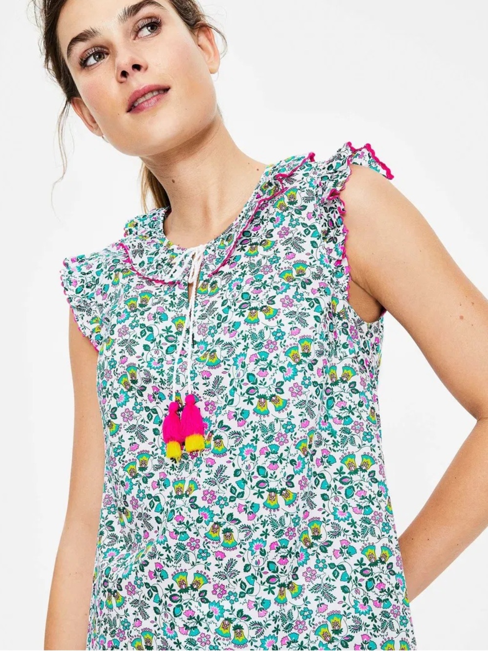 BODEN Laurie Cotton Sleeveless Ruffle Tassel Tie Paisley Multicolor Shirt Top